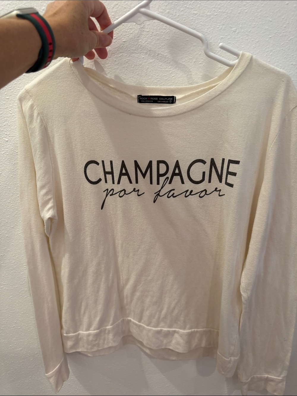Rock and Rose Couture Champagne Por Favor Cream Graphic Long Sleeve Top orig $98